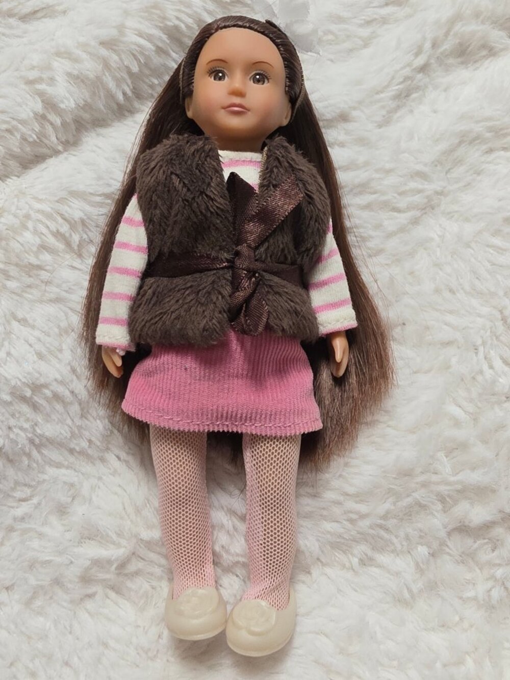 Our Generation 6 Inch Mini Doll Sienna Brown Eyes Long Hair Fur Vest Battat